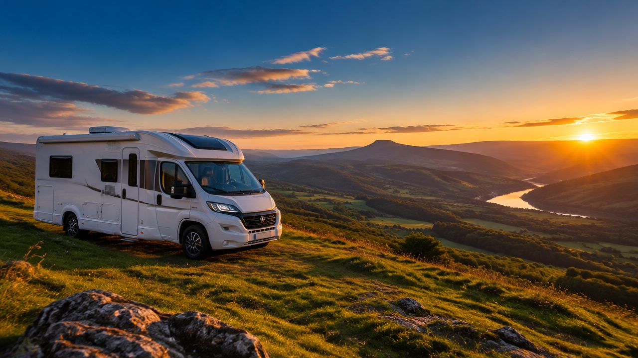 Motorhome parked on a hillside overlooking the South Wales valleys at golden hour