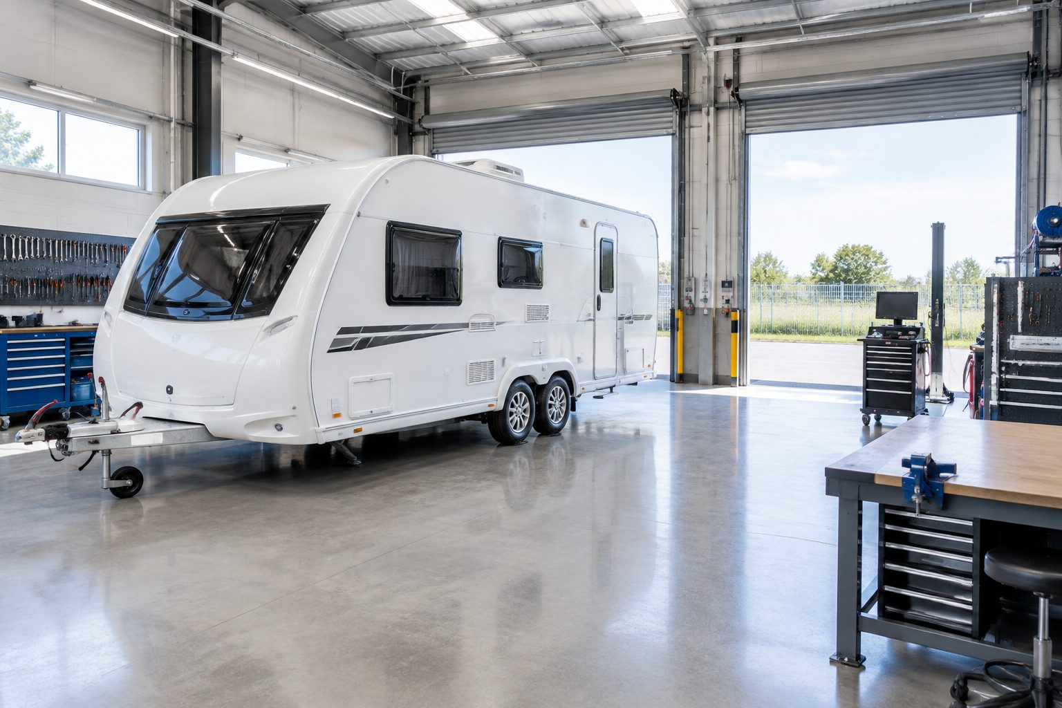 Technician working on a caravan inside the fully equipped Caerphilly workshop